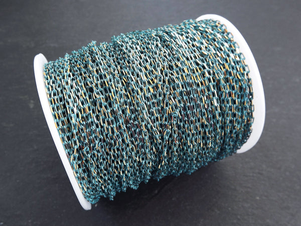 3 x 2mm Teal Blue Gold Diamond Cut Cable Chain, Oval Link Chain, 2 Meters