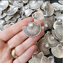 Ethnic Semi Circle Tribal Pendant - Matte Antique Silver Plated