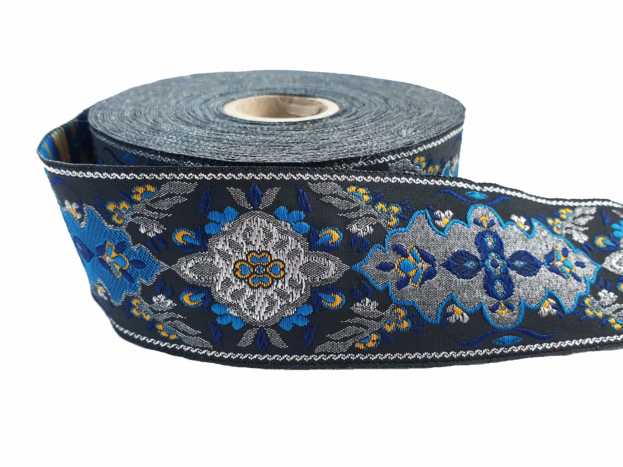 Blue Gray Floral Ethnic Woven Jacquard Trim, Embroidered Flower Ribbon, 40mm, Sewing Supplies