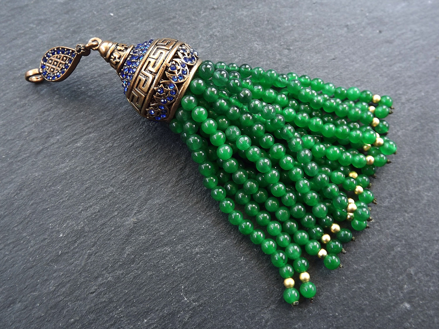 Large Long Emerald Green Jade Stone Beaded Tassel with Crystal Accents Greek Key Pattern - Antique Bronze - 1PC
