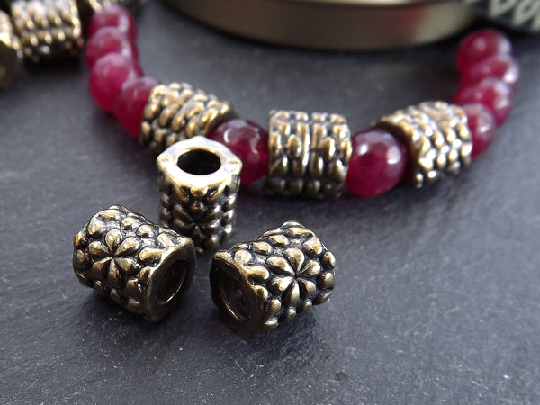 Large Bronze Bubble Tube Bead, Barrel Bead, Metal Bracelet Beads, Antique Bronze 3pc