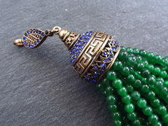 Large Long Emerald Green Jade Stone Beaded Tassel with Crystal Accents Greek Key Pattern - Antique Bronze - 1PC
