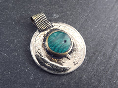Silver Kuchi Coin Pendant, Turquoise Stone, Afghan Coin Charm, Rustic Medallion Coin, Afghanistan, Silver Brass, 1pc, No:507