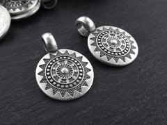2 Small Ethnic Sun Mandala Round Disc Pendants with Side Facing - Matte Antique Silver Plated