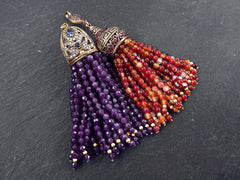 Purple Gemstone Beaded Tassel Pendant, Jade Beads, Antique Bronze Rhinestone Cap, 1PC