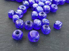 BULK - 30 Navy Blue Rustic Cube Glass Bead - Square Dice Shape Traditional Turkish Artisan Handmade - 7mm - Turkish Glass Beads
