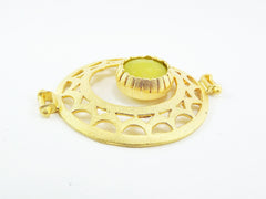 Lime Green Jade Stone Fretworked Circle Connector Pendant - 22k Matte Gold Plated - 1PC