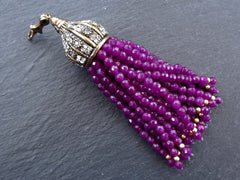Purple Gemstone Beaded Tassel Pendant, Facet Cut Jade Beads, Antique Bronze Rhinestone Paved Tassel Cap with Bail, 1PC