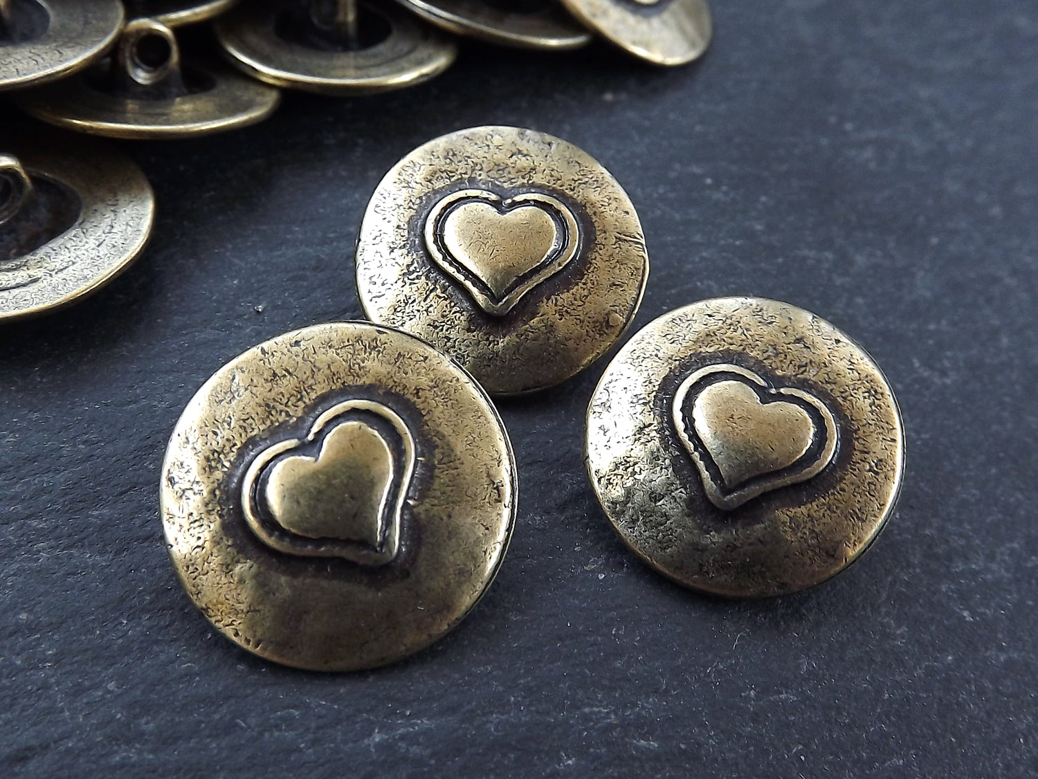 3 Rustic Metal Heart Buttons Antique Bronze Plated - Round Silver Buttons, Metal Shank Button, Sewing Buttons, Jewelry Making Buttons