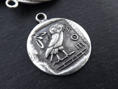 Greek Owl Athena Coin Pendant - Symbol of Wisdom, Mascot of Athena, Totem Bird, Attica Replica Coin - Matte Antique Silver Plated 1pc