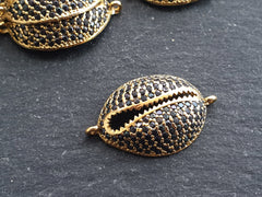Gold Cowrie Shell Connector Charms, Black Rhinestone Shell, Micro Pave, Bracelet Charm