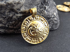 Zodiac Horoscope Pendant, Sun Moon Pendant, Gold Constellation Charm, Disc Pendant, 22k Matte Gold Plated, 1pc