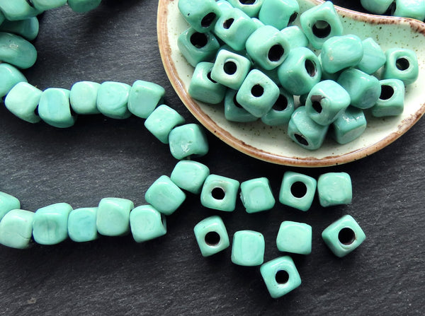 10mm Seafoam Green Glass Cube Square Mint Beads, Rustic Traditional Turkish Artisan Handmade Beads, Turkish Glass Beads
