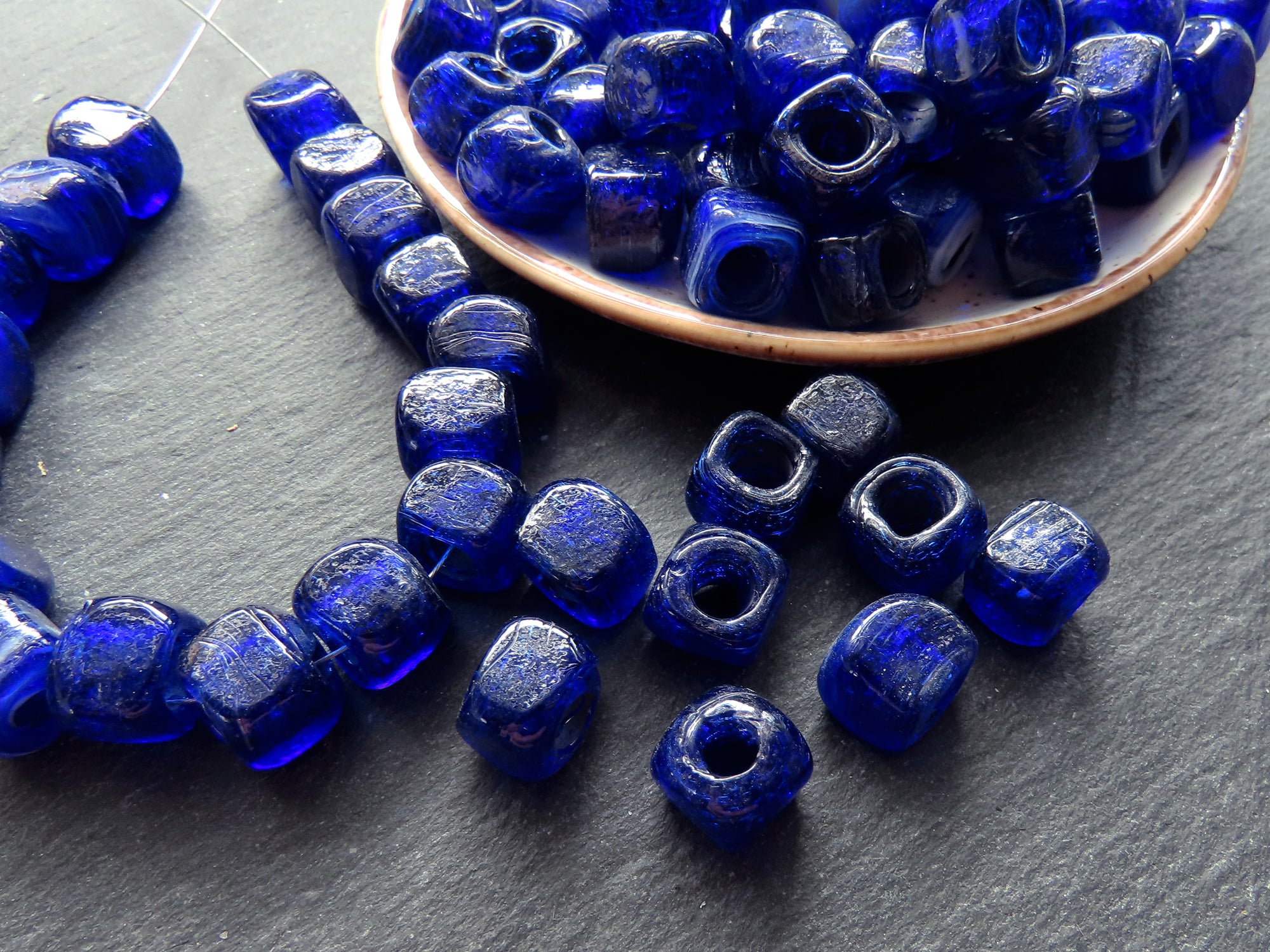 Blue Glass Beads, Rustic Glass Cube Beads, Square Beads, Necklace