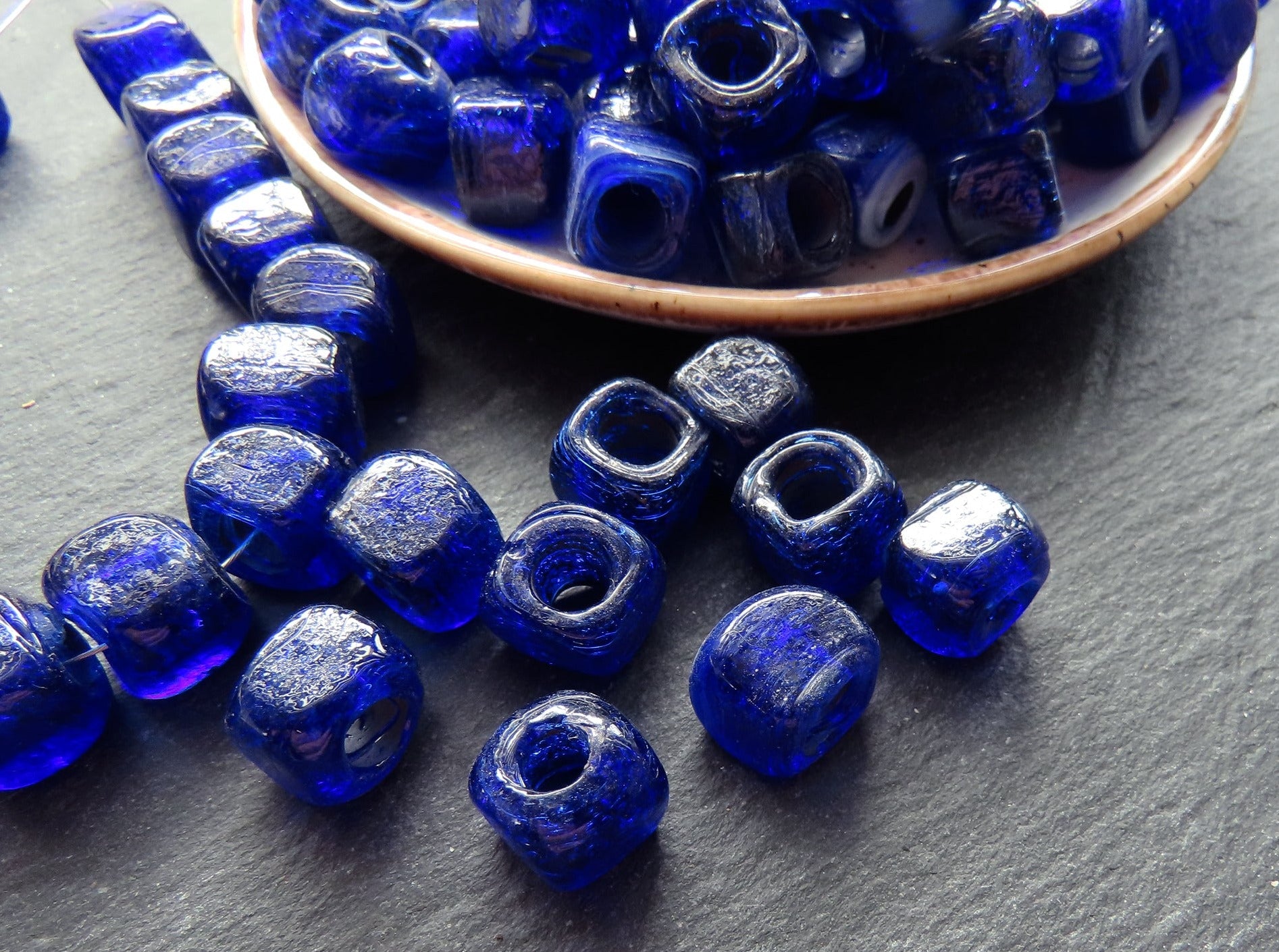 10mm Navy Blue Glass Cube Square Mint Beads, Rustic Traditional Turkish Artisan Handmade Beads, Turkish Glass Beads