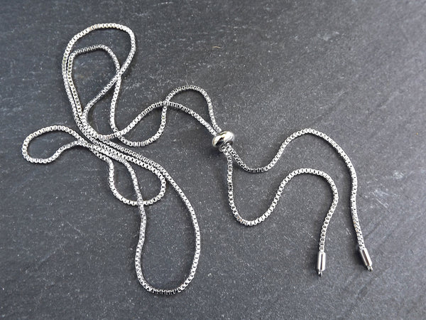 Silver Chain Adjustable Slider Necklace Blank, Box Chain Sliding Clasp, Silver Necklace, 1pc