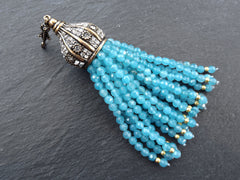 Blue Aqua Gemstone Beaded Tassel Pendant, Facet Cut Jade Beads, Antique Bronze Rhinestone Paved Tassel Cap with Bail, 1PC