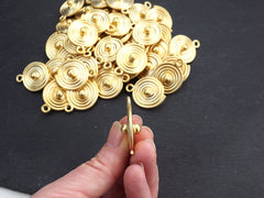 Round Gold Coin Tribal Ball Dot Charms, Ethnic Spiral Disc Pendant, 22k Matte Gold Plated, 1pc