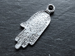 Silver Hamsa Pendant, Mandala Hamsa Hand, Hand of Fatima, Reversible Pendant, Buddha Hamsa Hand, Matte Antique Silver Plated, 1PC