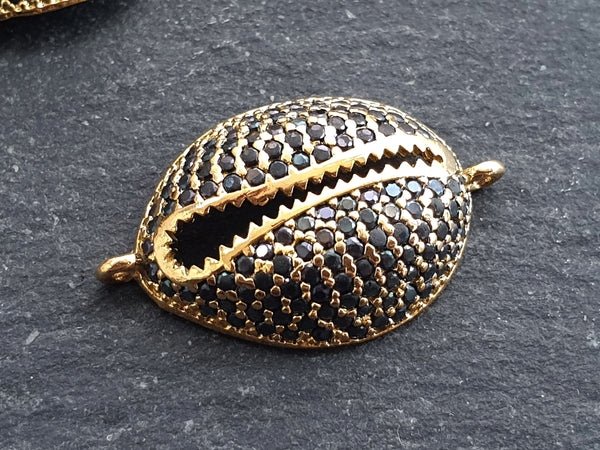 Gold Cowrie Shell Connector Charms, Black Rhinestone Shell, Micro Pave, Bracelet Charm