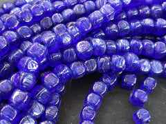 BULK - 30 Navy Blue Rustic Cube Glass Bead - Square Dice Shape Traditional Turkish Artisan Handmade - 7mm - Turkish Glass Beads