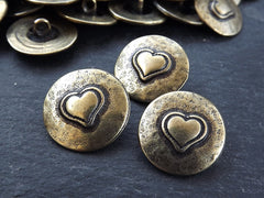 3 Rustic Metal Heart Buttons Antique Bronze Plated - Round Silver Buttons, Metal Shank Button, Sewing Buttons, Jewelry Making Buttons