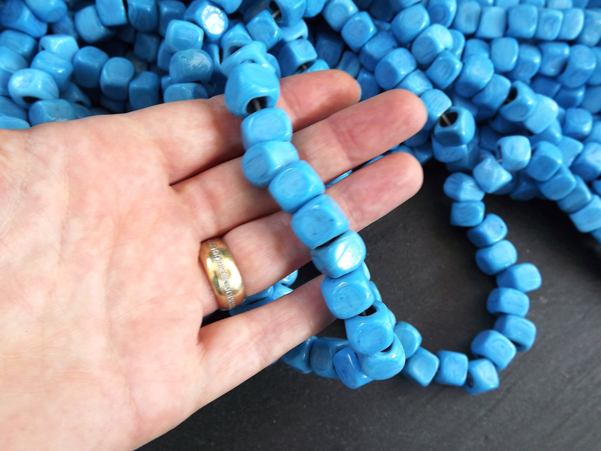 Blue Square Beads, Rustic Glass Cube Beads, Blue Glass Beads