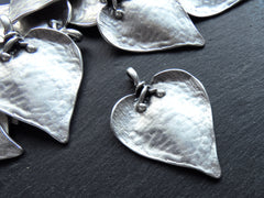 Large Rustic Heart Leaf Pendant, Artisan Handmade Focal Pendant, Matte Antique Silver Plated, 1pc