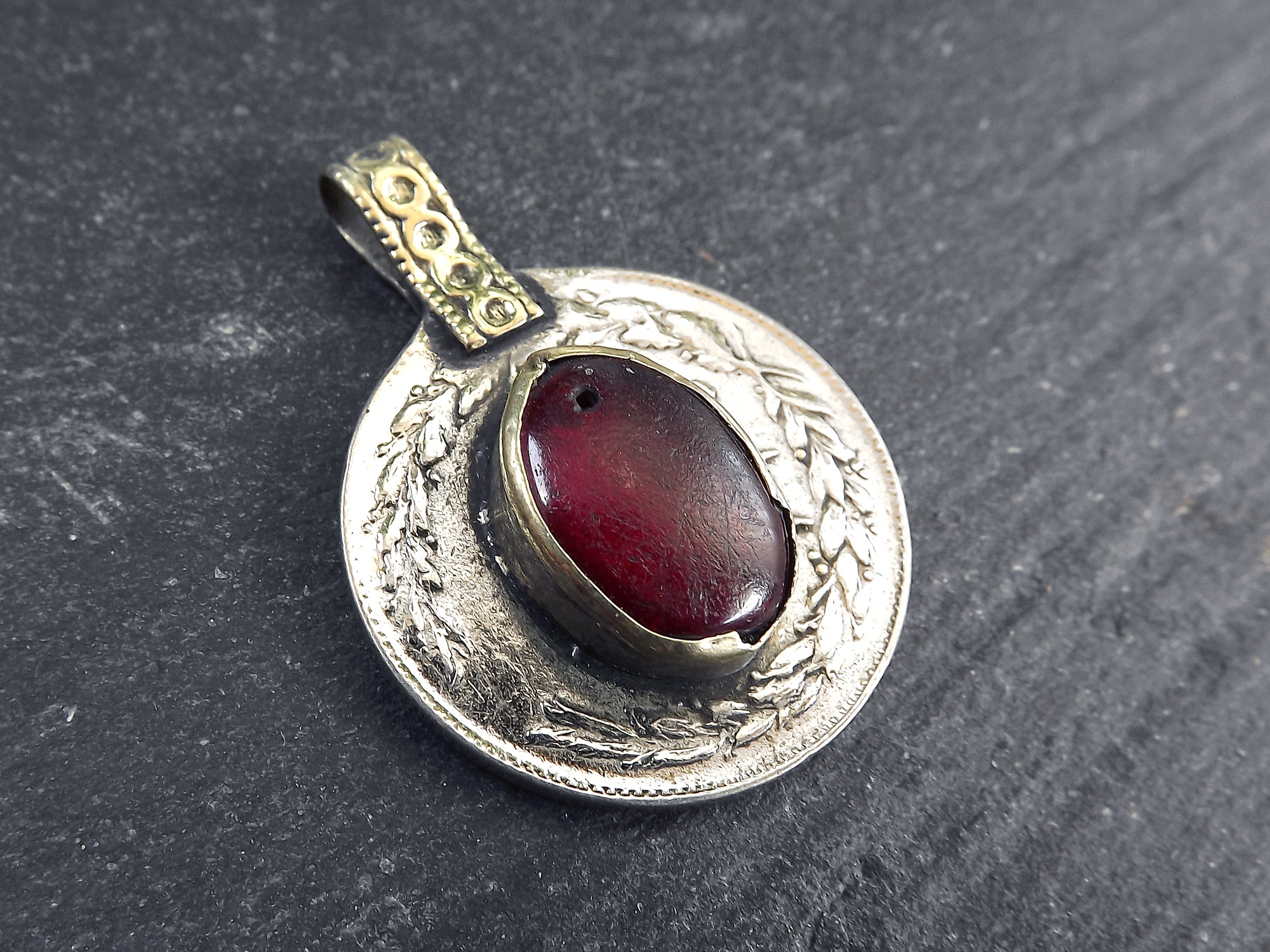 Silver Kuchi Coin Pendant, Red Glass, Afghan Coin Charm, Rustic Medallion Coin, Afghanistan, Silver Brass, 1pc, No:508