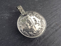 Silver Kuchi Coin Pendant, Red Glass, Afghan Coin Charm, Rustic Medallion Coin, Afghanistan, Silver Brass, 1pc, No:508