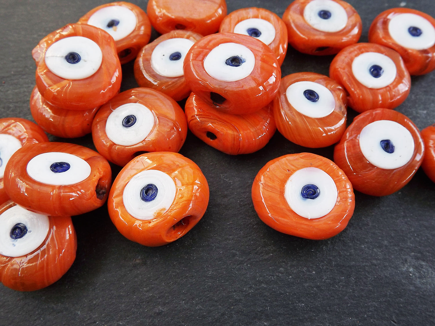 Evil Eye Beads, BULK, Orange Evil Eye Spacer Bead, Brass Charm