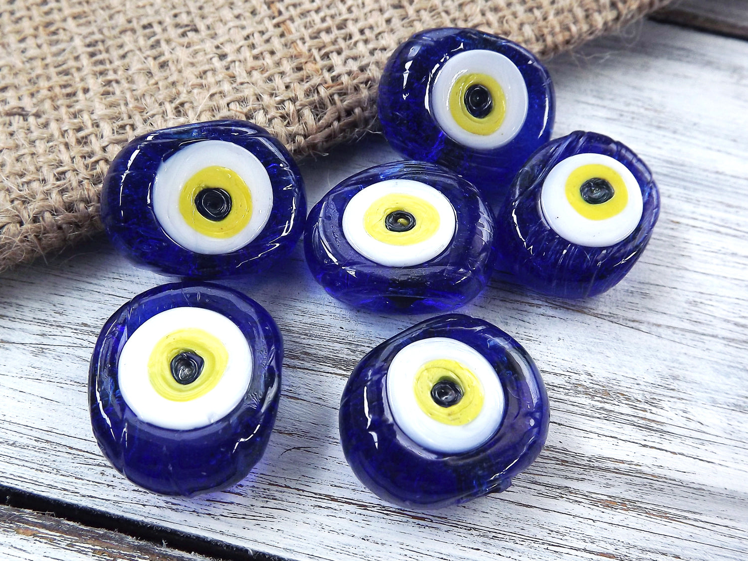 6 Navy Blue Evil Eye Nazar Glass Bead Yellow Iris Traditional Turkish Handmade Protective Lucky Amulet 26 mm VALUE PACK Turkish Glass Beads