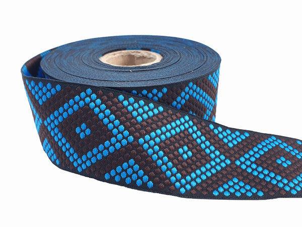 Cerulean Blue Brown Geometric Dot Diamond Woven Jacquard Trim, Embroidered Ribbon, 35mm