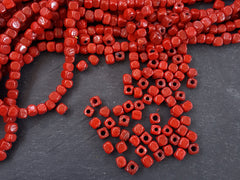 BULK - 30 Poppy Red Rustic Cube Glass Bead - Square Dice Shape Traditional Turkish Artisan Handmade - 7mm - Turkish Glass Beads