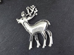Reindeer Pendant, Reindeer Ornament, Silver Reindeer, Stag Pendant, Christmas Pendant Charm. Holiday Pendant, Matte Antique Silver, 1pc