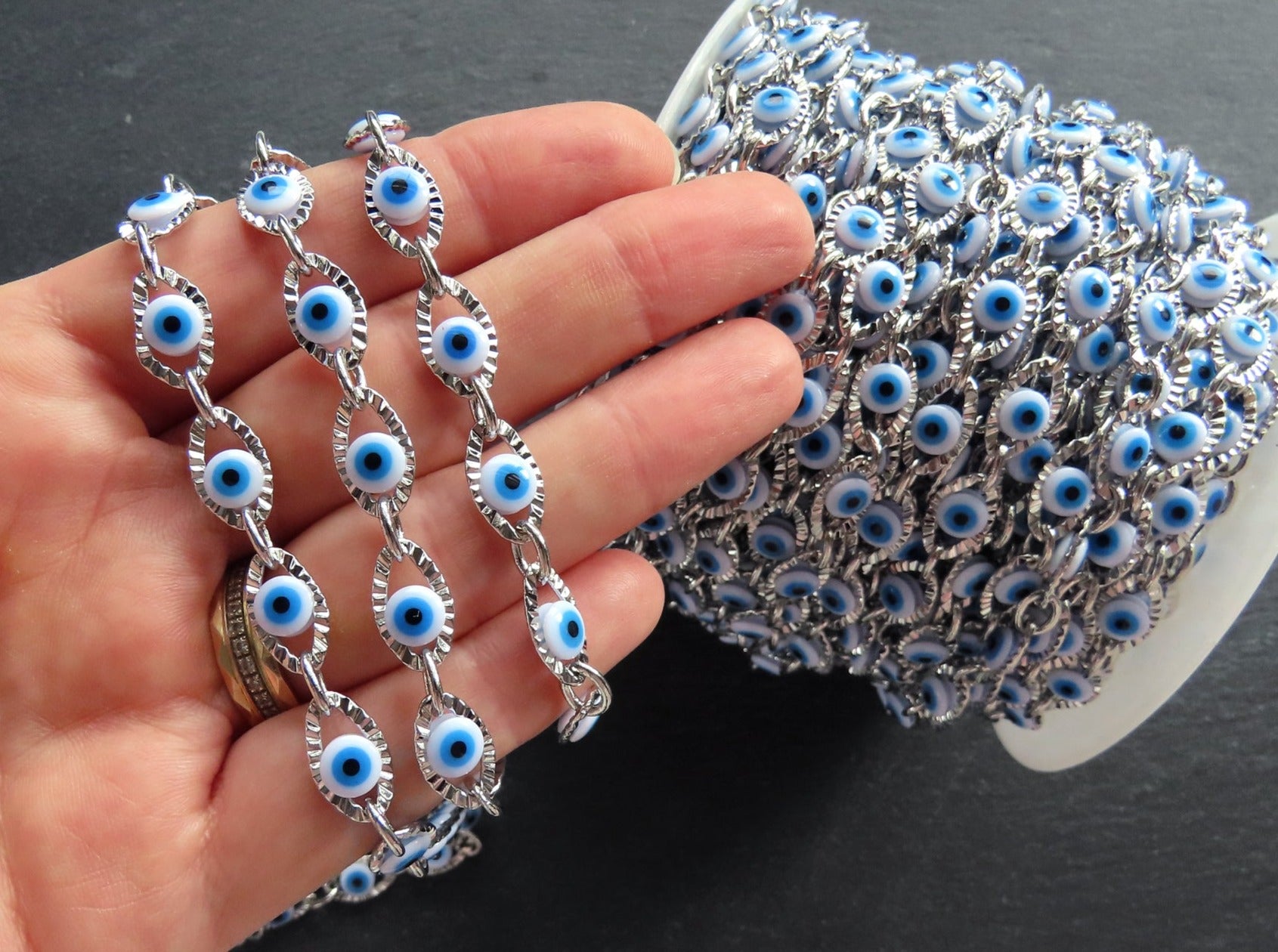 Evil Eye Chain, Moving Glass Beads, Marquee Crimped Link Chain 13x7mm, DIY Jewelry Making, Shiny Silver Plated Brass, Large, 50cm