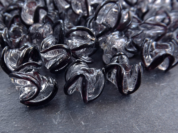 Black Zig Zag Line Clear Translucent Pinched Wave Artisan Handmade Glass Bead - 15 x 12mm - 10pcs