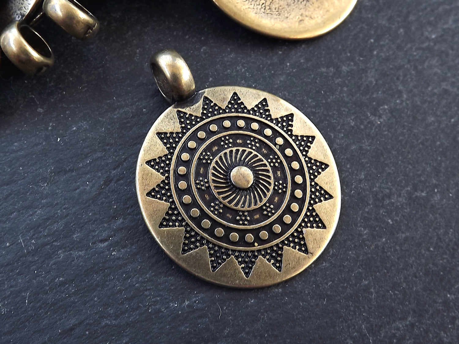 Large Ethnic Sun Mandala Round Disc Pendants with Side Facing - Antique Bronze Plated - 1pc