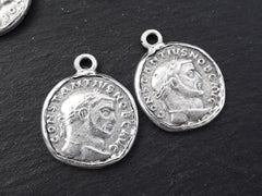 Silver Roman Coin Pendant Charm, Constantius Medallion, Jewelry Making, Matte Antique Silver, 2pc