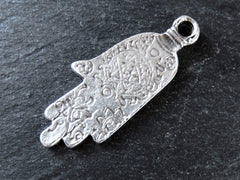 Silver Hamsa Pendant, Mandala Hamsa Hand, Hand of Fatima, Reversible Pendant, Buddha Hamsa Hand, Matte Antique Silver Plated, 1PC