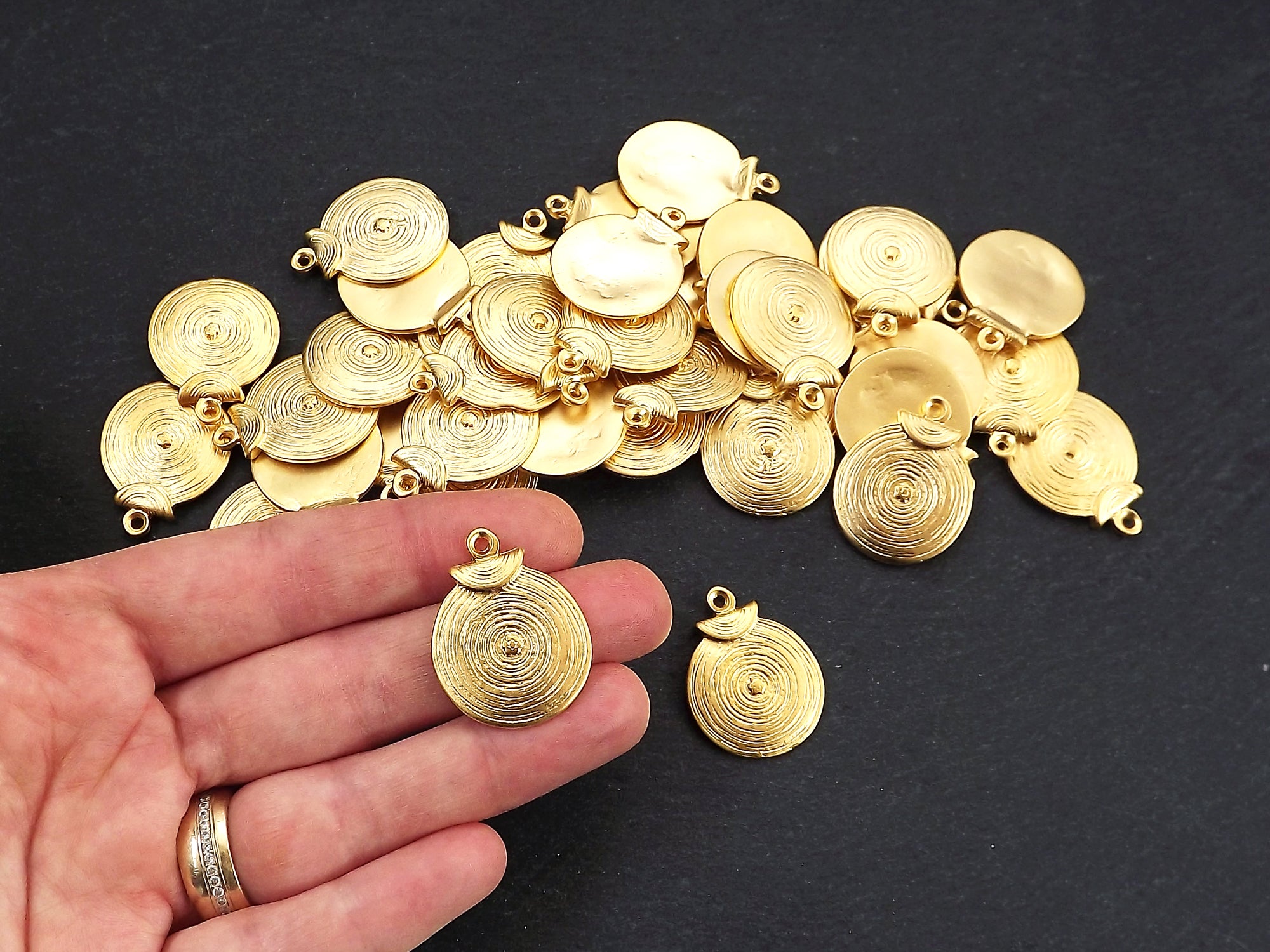 Round Gold Coin Tribal Charms, Ethnic Spiral Disc Pendant, 22k Matte G –  LylaSupplies