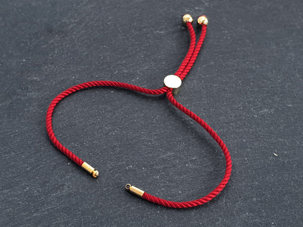 Red Adjustable Rope Slider Bolo Cord Bracelet Blank, 2mm, Gold Sliding Bead 1pc