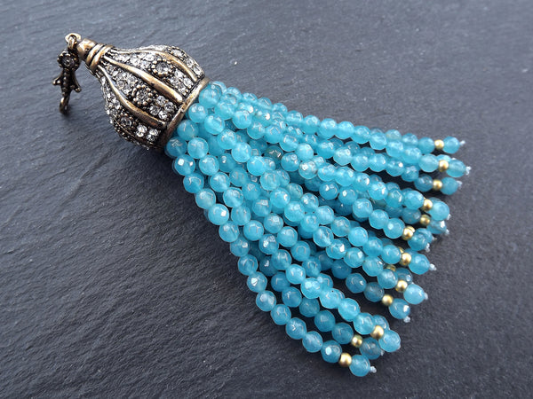 Blue Aqua Gemstone Beaded Tassel Pendant, Facet Cut Jade Beads, Antique Bronze Rhinestone Paved Tassel Cap with Bail, 1PC
