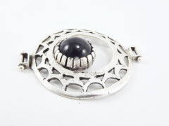 Black Onyx Stone Fretworked Circle Connector Pendant - Matte Silver Plated - 1PC