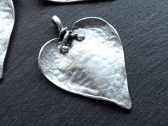 Large Rustic Heart Leaf Pendant, Artisan Handmade Focal Pendant, Matte Antique Silver Plated, 1pc