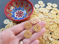Gold Lace Charms, Round Rustic Fretwork discs, Disc Charms, Disc Connectors, Lace Connectors, Earring Pendant, 22k Matte Gold Plated, 4pc