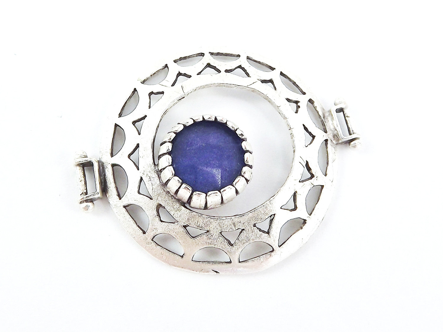 Royal Blue Jade Stone Fretworked Circle Connector Pendant - Matte Silver Plated - 1PC
