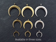 3 Medium Crescent Pendant Tribal Double Horn Pendant - Antique Bronze Plated Turkish Jewelry Making Supplies Findings Components - 3Pc