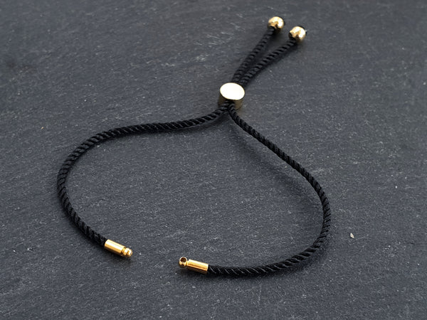 Black Adjustable Rope Slider Bolo Cord Bracelet Blank, 2mm, Gold Sliding Bead 1pc