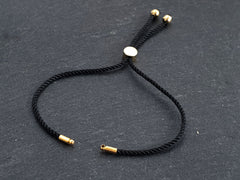 Black Adjustable Rope Slider Bolo Cord Bracelet Blank, 2mm, Gold Sliding Bead 1pc